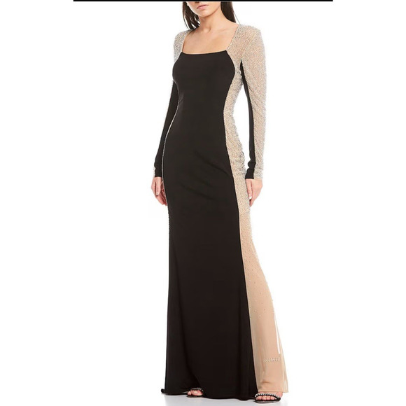 Xscape Caviar Beaded Mesh Panel Contrast Matte Square Neck Sheath Gown Sz 6 NWT - Picture 1 of 16